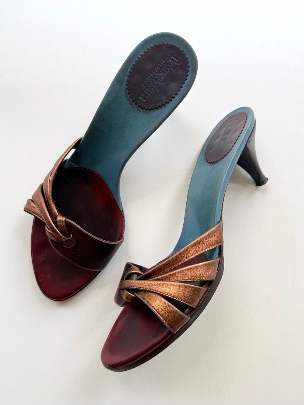 Vintage MaxMara Metallic Copper Burgundy Red Blue Leather Low Heeled Sandals 38 - Picture 3 of 12